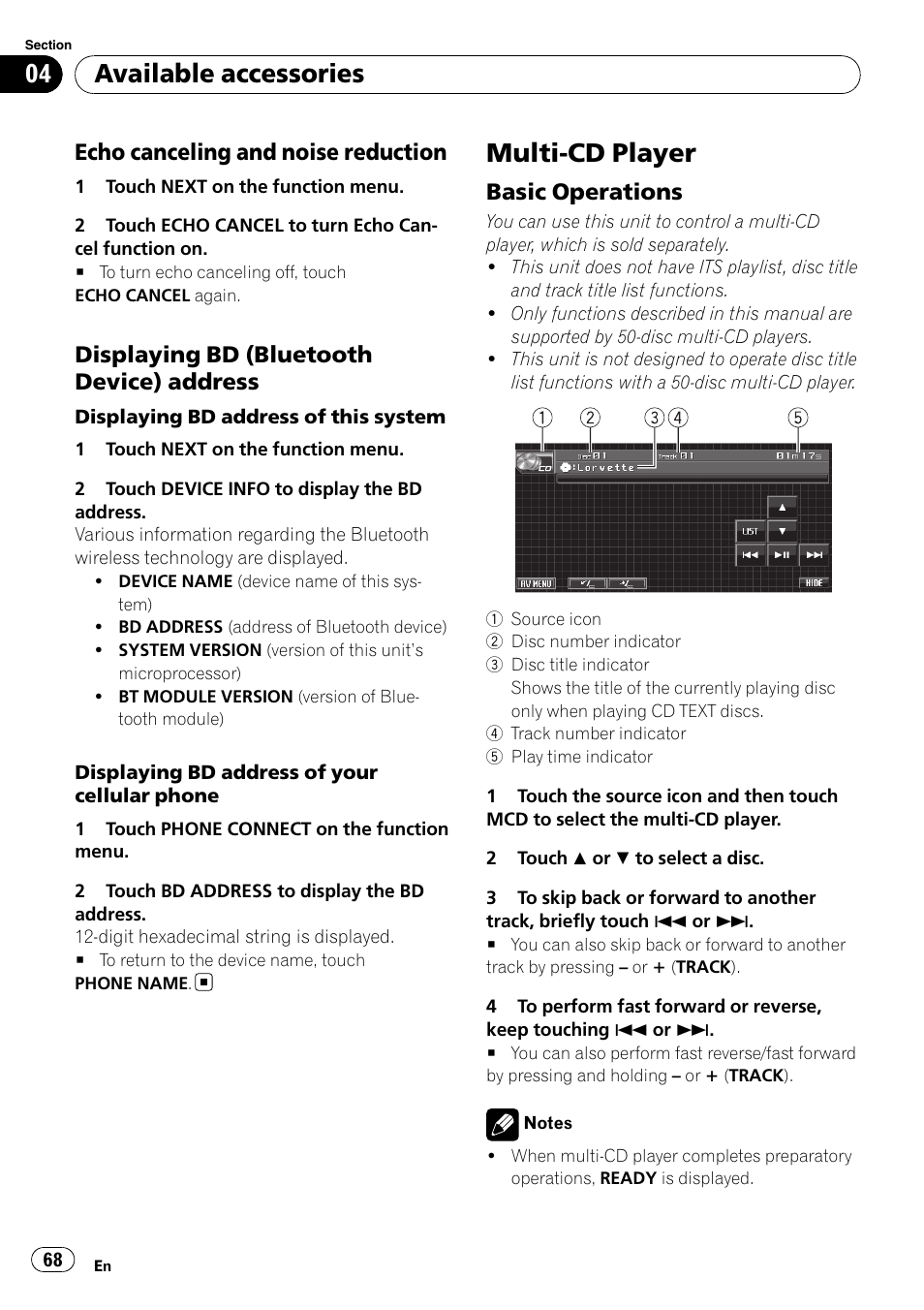 Echo canceling and noise, Reduction, Displaying bd (bluetooth device) | Address, Multi-cd player, Basic operations 68, Available accessories, Echo canceling and noise reduction, Displaying bd (bluetooth device) address, Basic operations | Pioneer AVH-P5000DVD User Manual | Page 68 / 103