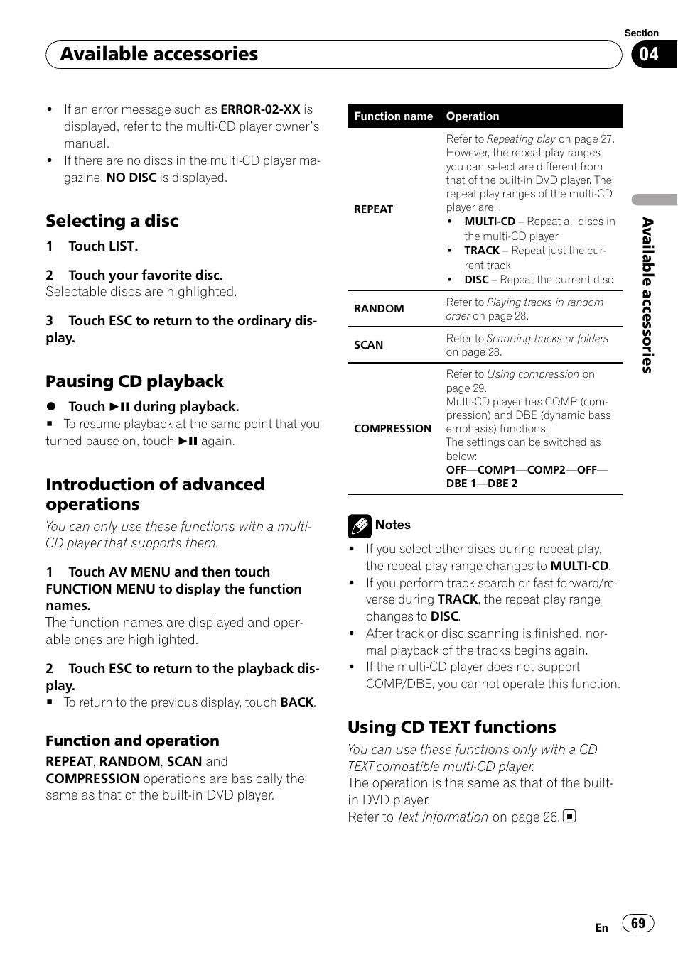 Selecting a disc 69, Pausing cd playback 69, Introduction of advanced | Operations, Using cd text functions 69, Available accessories, Selecting a disc, Pausing cd playback, Introduction of advanced operations, Using cd text functions | Pioneer AVH-P5000DVD User Manual | Page 69 / 103