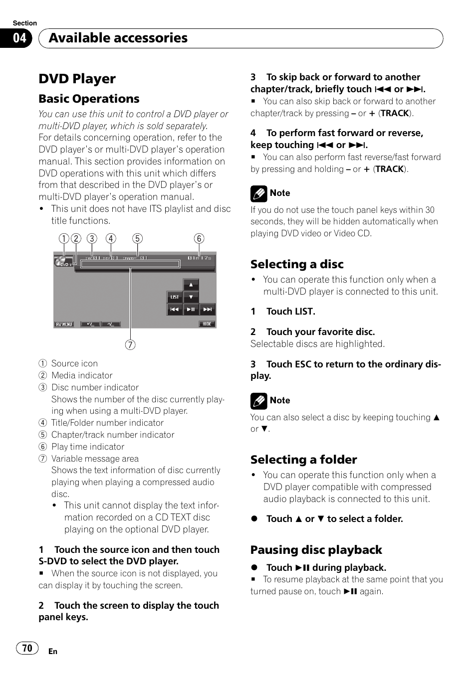 Dvd player, Basic operations 70, Selecting a disc 70 | Selecting a folder 70, Pausing disc playback 70, Available accessories, Basic operations, Selecting a disc, Selecting a folder, Pausing disc playback | Pioneer AVH-P5000DVD User Manual | Page 70 / 103