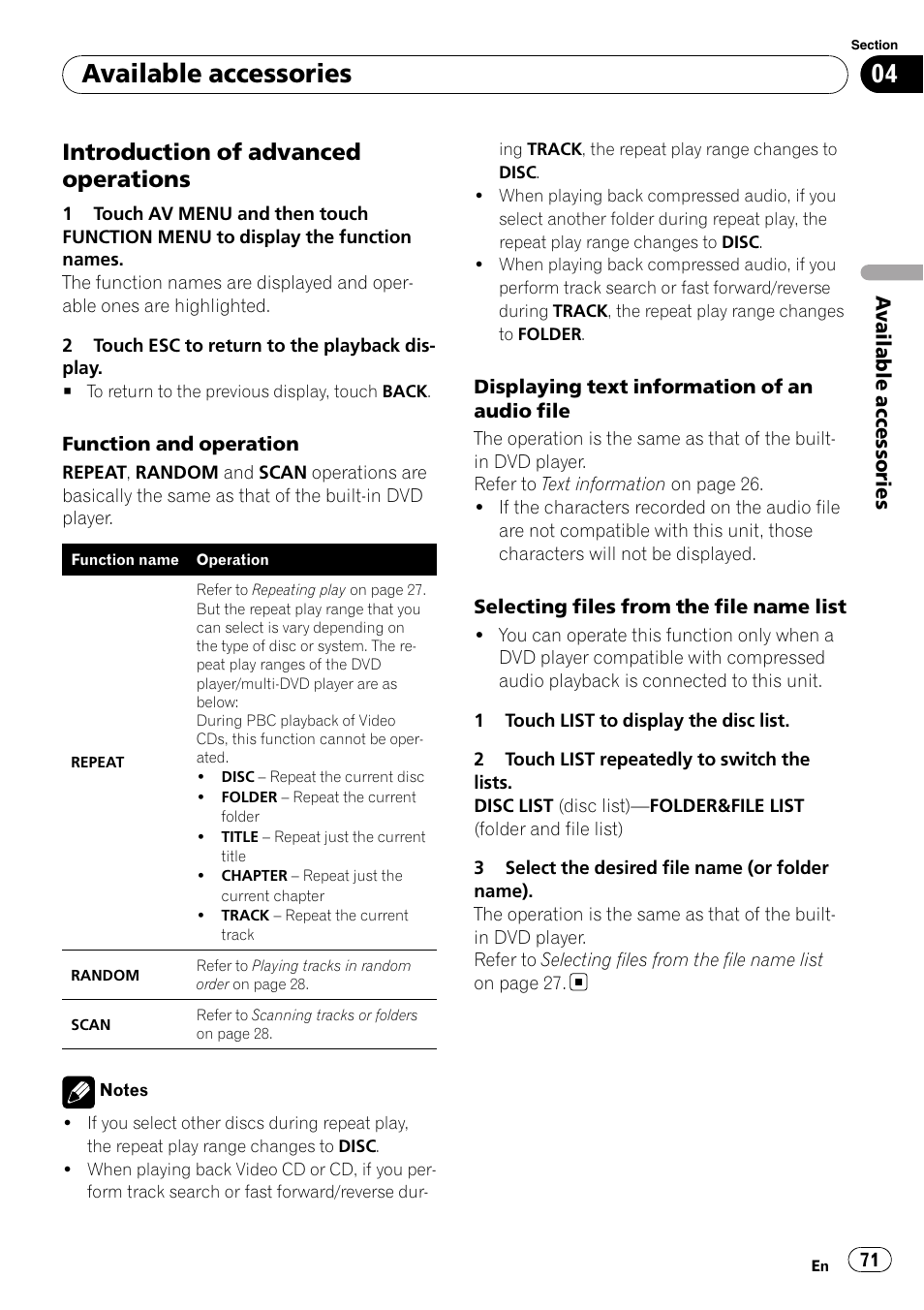 Introduction of advanced, Operations, Available accessories | Introduction of advanced operations | Pioneer AVH-P5000DVD User Manual | Page 71 / 103