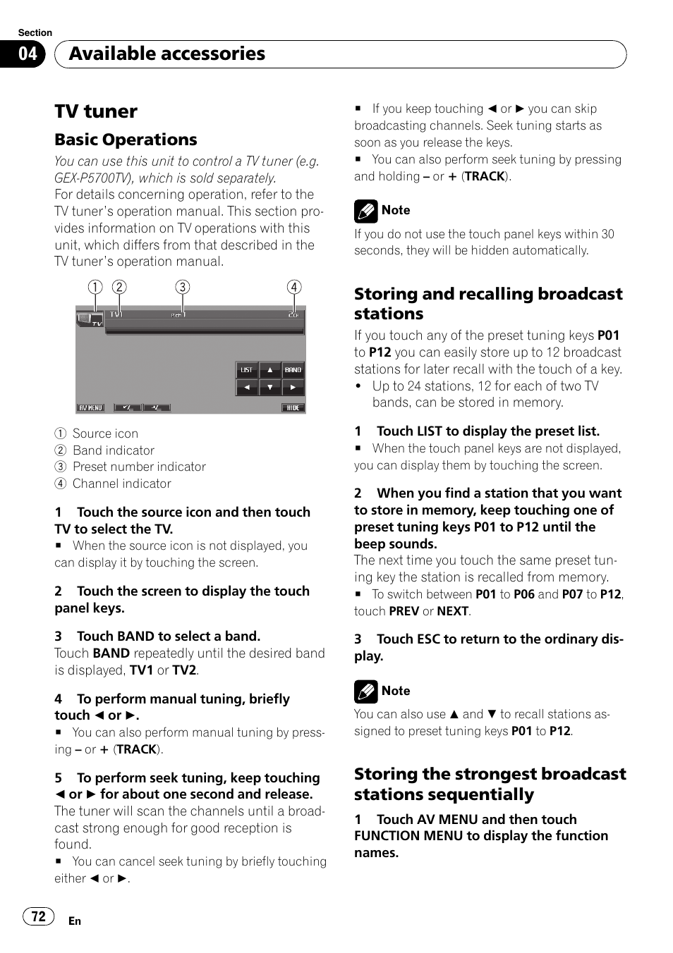 Tv tuner, Basic operations 72, Storing and recalling broadcast | Stations, Storing the strongest broadcast, Stations sequentially, Available accessories, Basic operations, Storing and recalling broadcast stations | Pioneer AVH-P5000DVD User Manual | Page 72 / 103