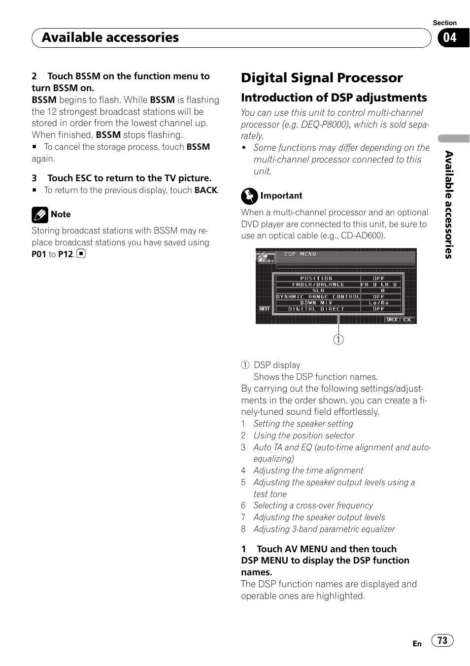 Digital signal processor, Introduction of dsp adjustments 73, Available accessories | Introduction of dsp adjustments | Pioneer AVH-P5000DVD User Manual | Page 73 / 103