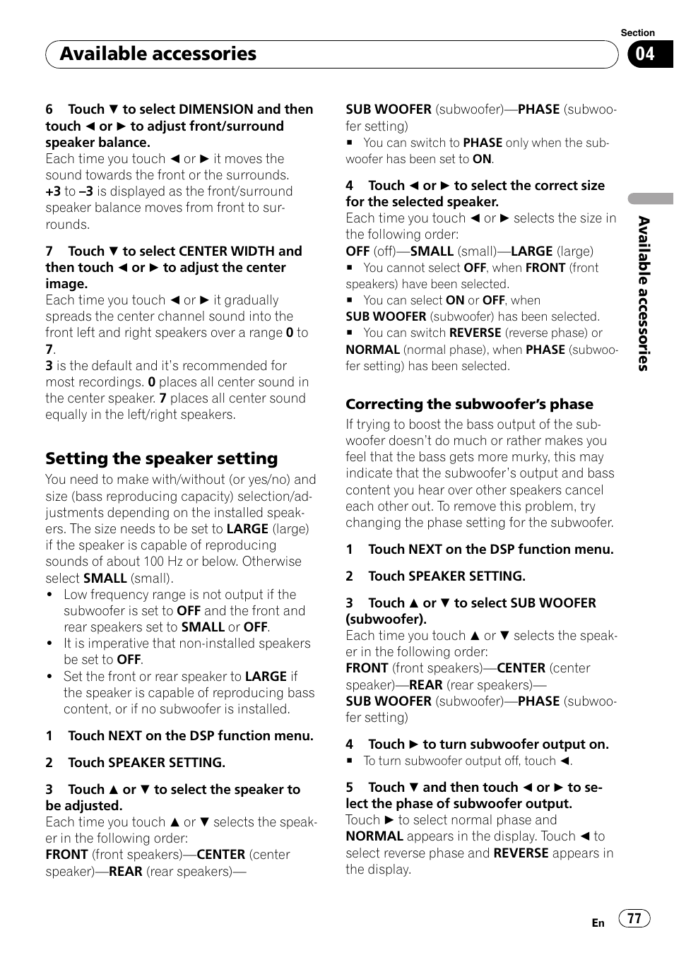 Setting the speaker setting 77, Setting the speaker setting, Available accessories | Pioneer AVH-P5000DVD User Manual | Page 77 / 103