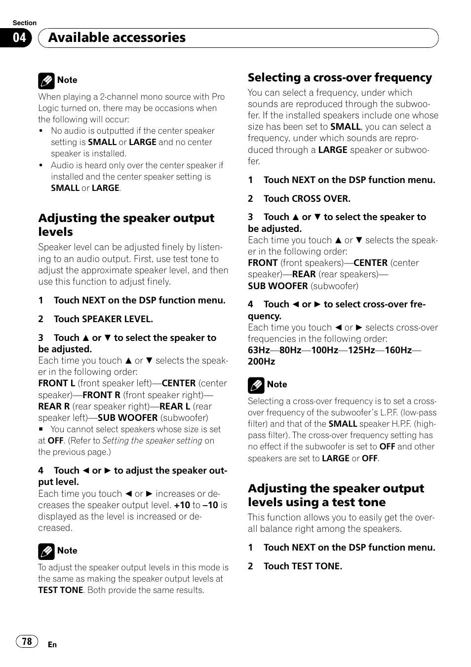 Adjusting the speaker output, Levels, Selecting a cross-over frequency 78 | Adjusting the speaker output levels, Using a test tone, Selecting a cross-over frequency, Available accessories | Pioneer AVH-P5000DVD User Manual | Page 78 / 103