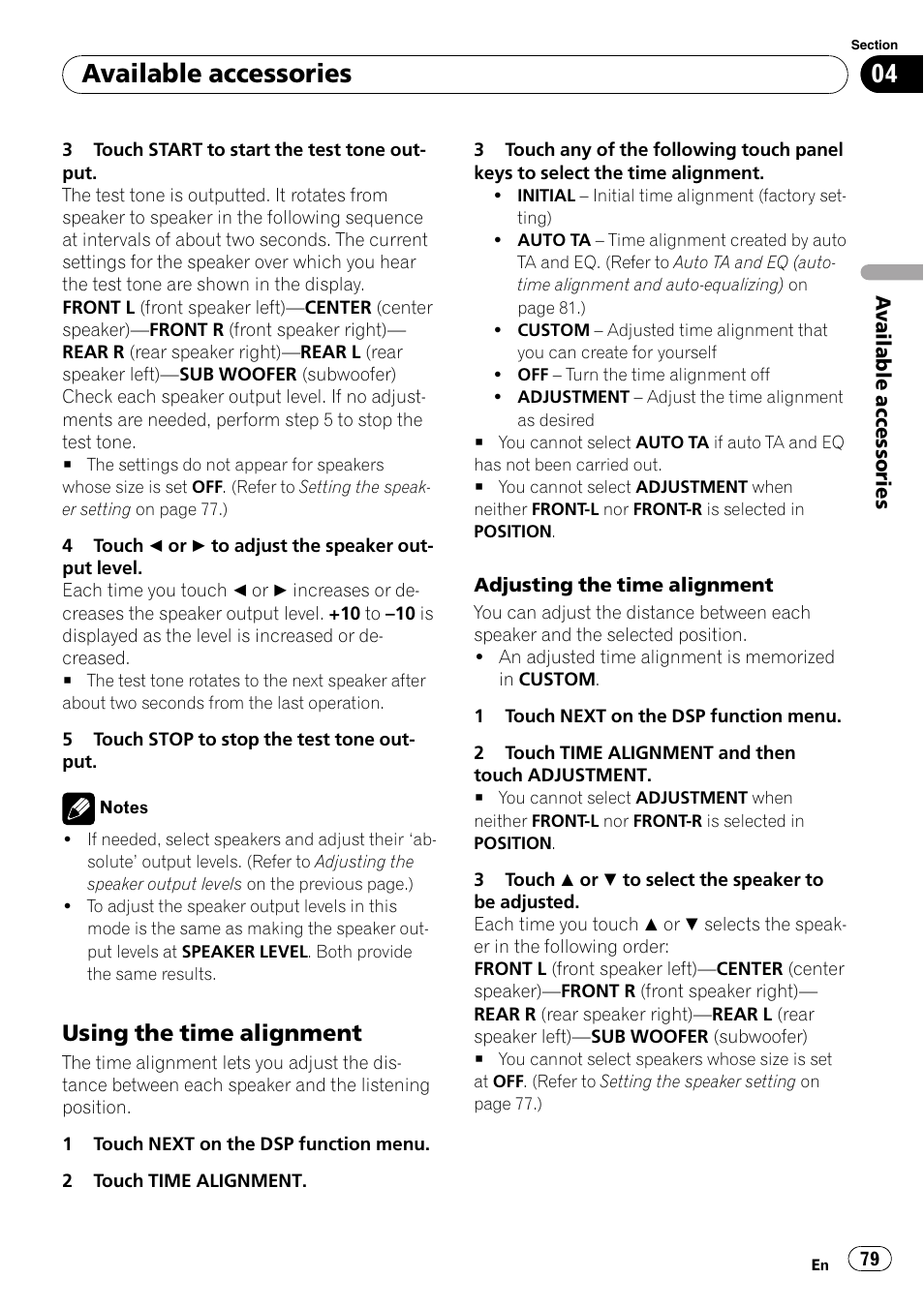 Using the time alignment 79, Adjusting the time alignment, Available accessories | Using the time alignment | Pioneer AVH-P5000DVD User Manual | Page 79 / 103
