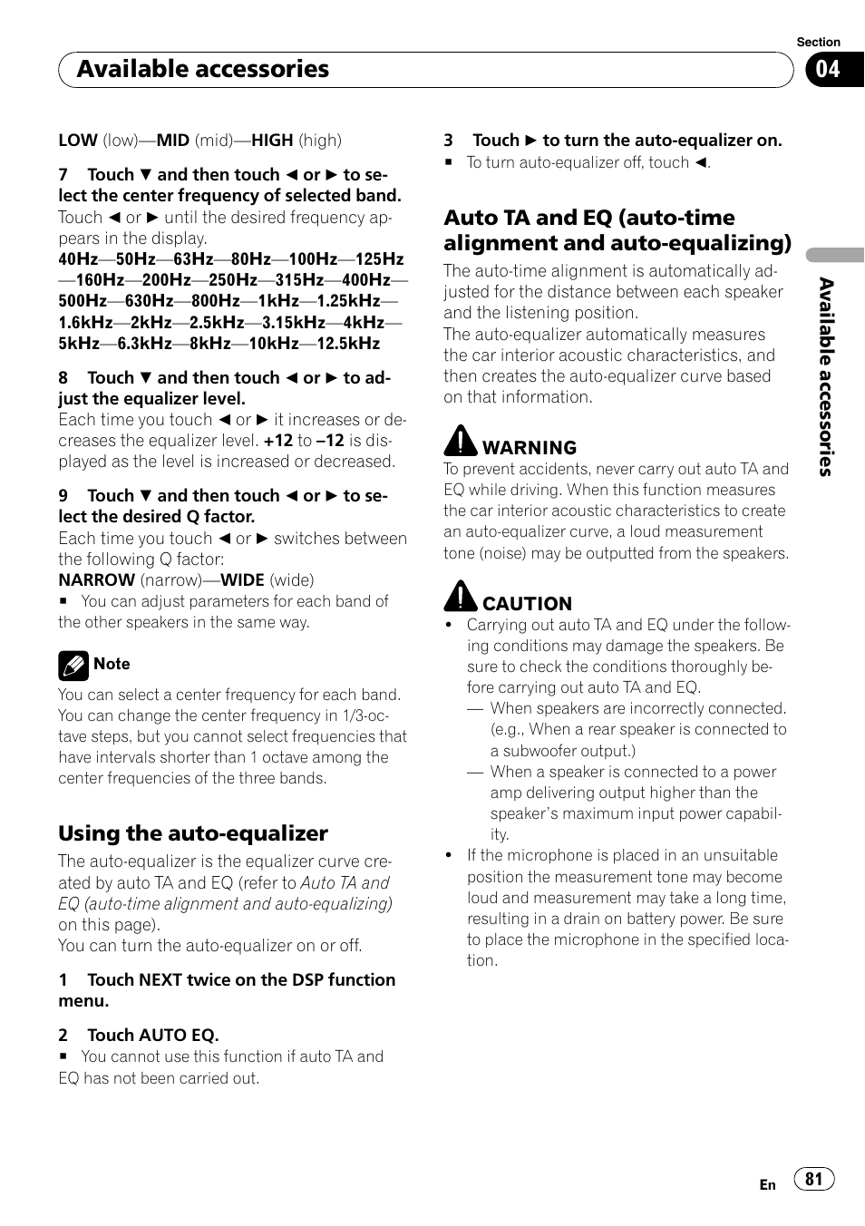 Using the auto-equalizer 81, Auto ta and eq (auto-time alignment, And auto-equalizing) | Available accessories, Using the auto-equalizer | Pioneer AVH-P5000DVD User Manual | Page 81 / 103