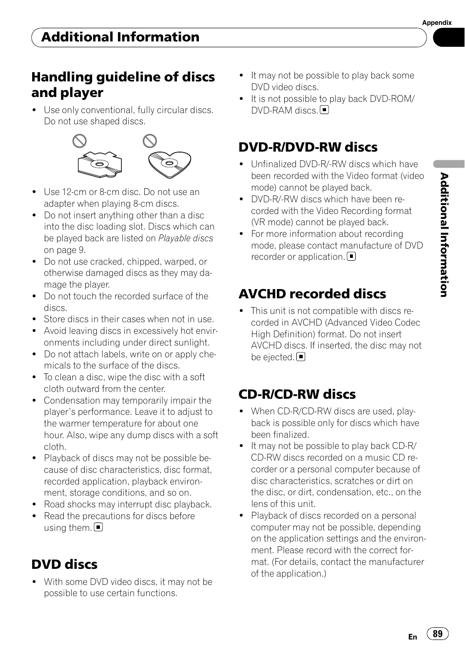 Handling guideline of discs and player, Dvd discs, Dvd-r/dvd-rw discs | Avchd recorded discs, Cd-r/cd-rw discs, Additional information | Pioneer AVH-P5000DVD User Manual | Page 89 / 103