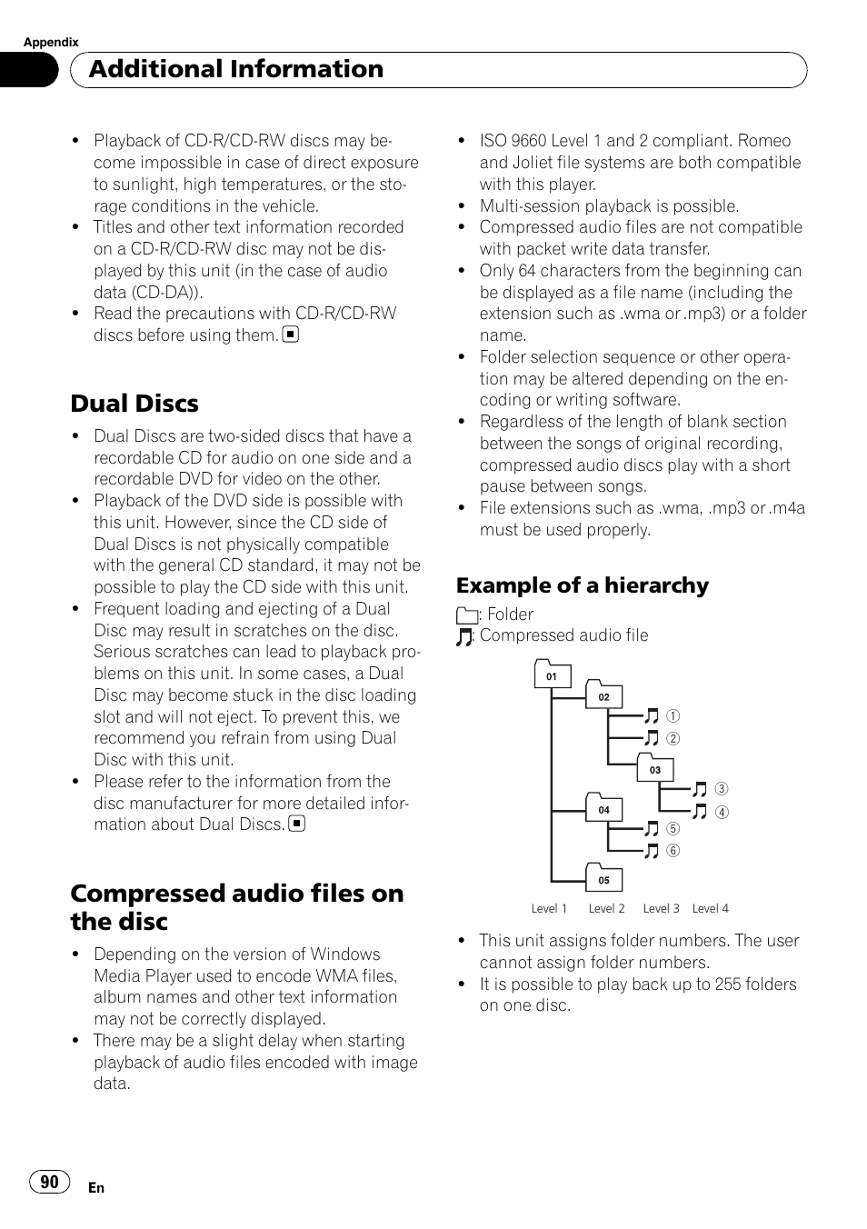 Dual discs, Compressed audio files on the disc, Example of a hierarchy 90 | Additional information, Example of a hierarchy | Pioneer AVH-P5000DVD User Manual | Page 90 / 103