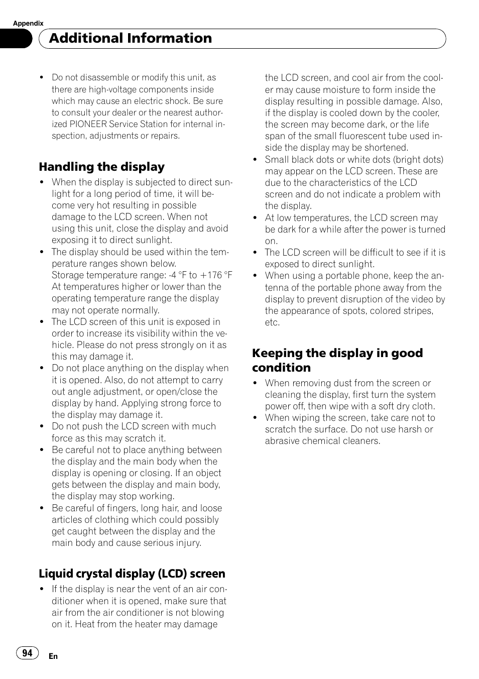Handling the display 94, Liquid crystal display (lcd) screen 94, Keeping the display in good | Condition, Additional information, Handling the display, Liquid crystal display (lcd) screen, Keeping the display in good condition | Pioneer AVH-P5000DVD User Manual | Page 94 / 103