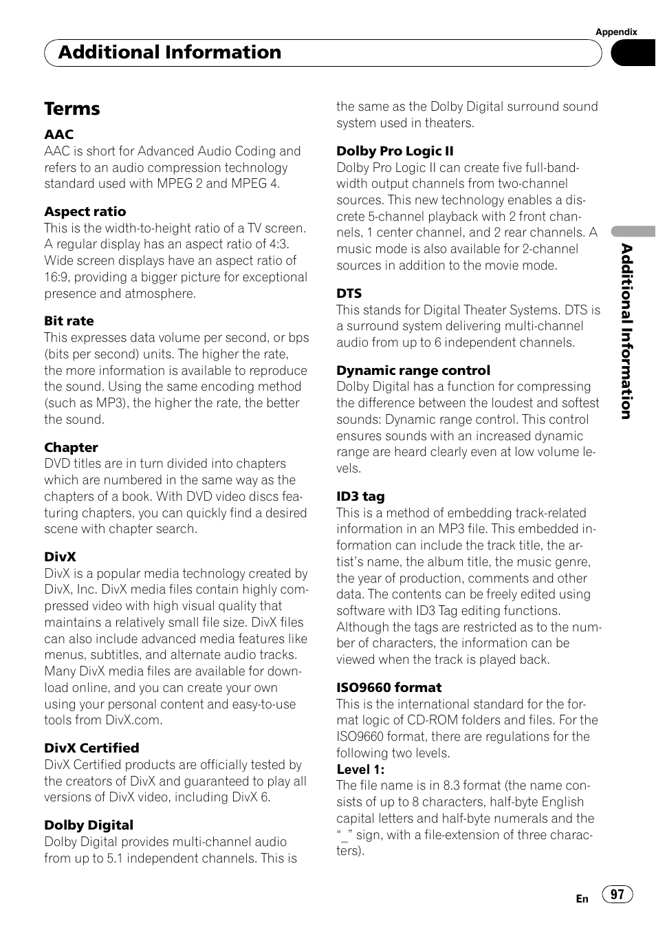 Terms, Additional information | Pioneer AVH-P5000DVD User Manual | Page 97 / 103