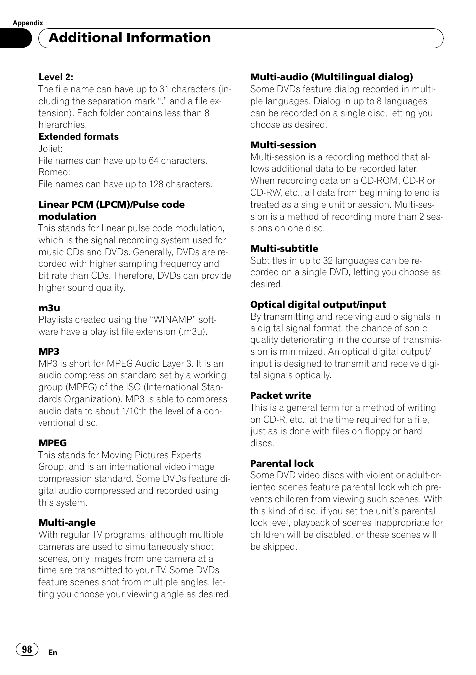 Additional information | Pioneer AVH-P5000DVD User Manual | Page 98 / 103