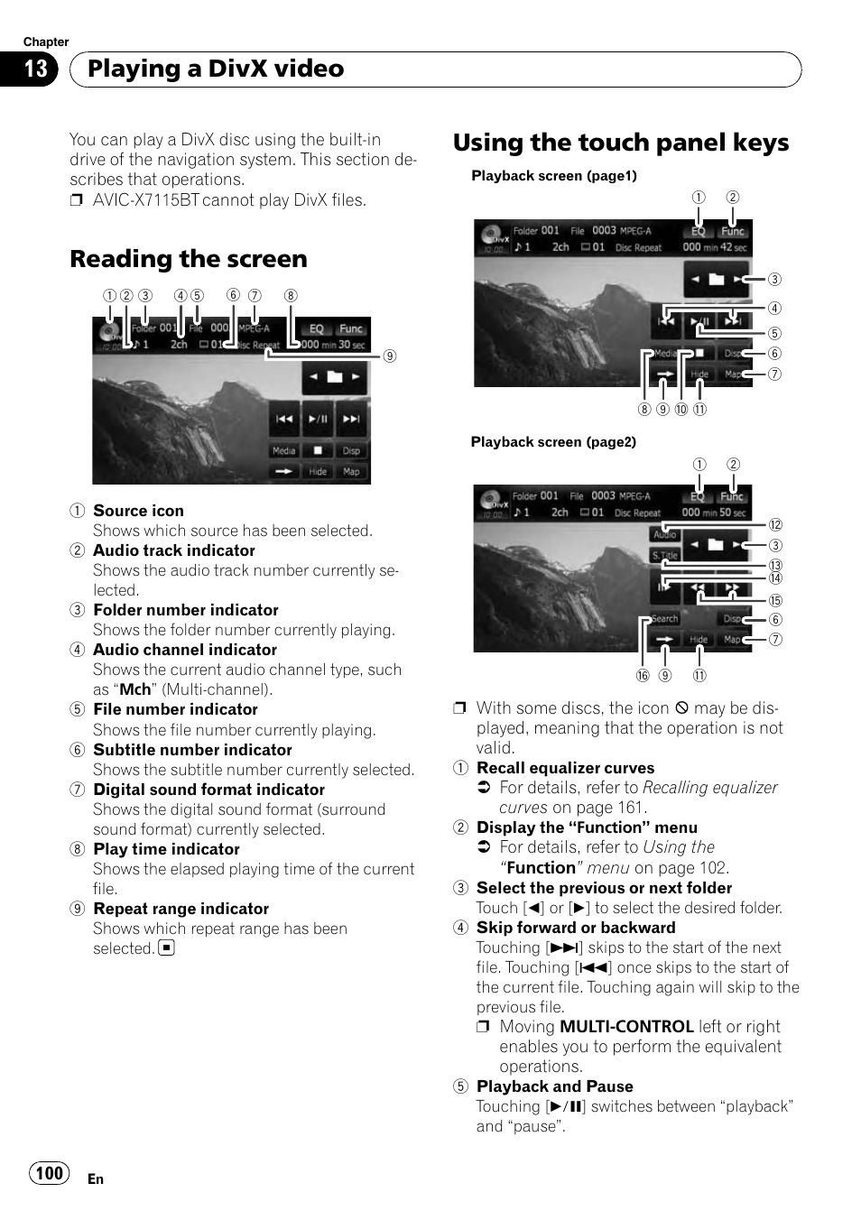 Playing a divx video reading the screen, Using the touch panel keys, Reading the screen | Playing a divx video | Pioneer AVIC-X9115BT User Manual | Page 100 / 215