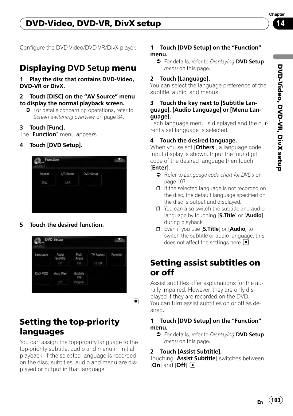 Setting the top-priority languages, Setting assist subtitles on or off, Displaying dvd setup menu | Dvd-video, dvd-vr, divx setup | Pioneer AVIC-X9115BT User Manual | Page 103 / 215