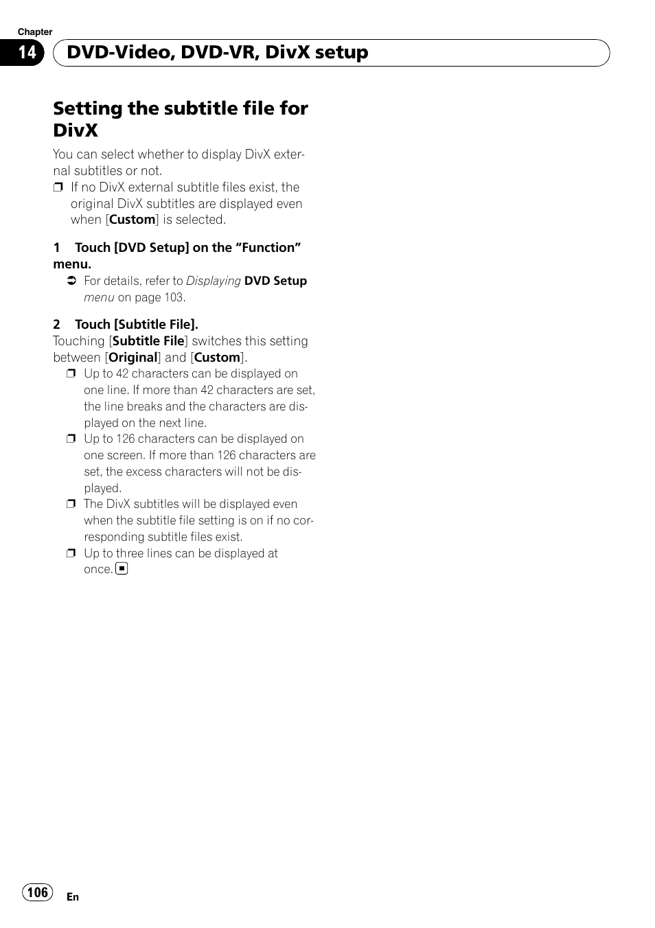 Setting the subtitle file for divx, Dvd-video, dvd-vr, divx setup | Pioneer AVIC-X9115BT User Manual | Page 106 / 215
