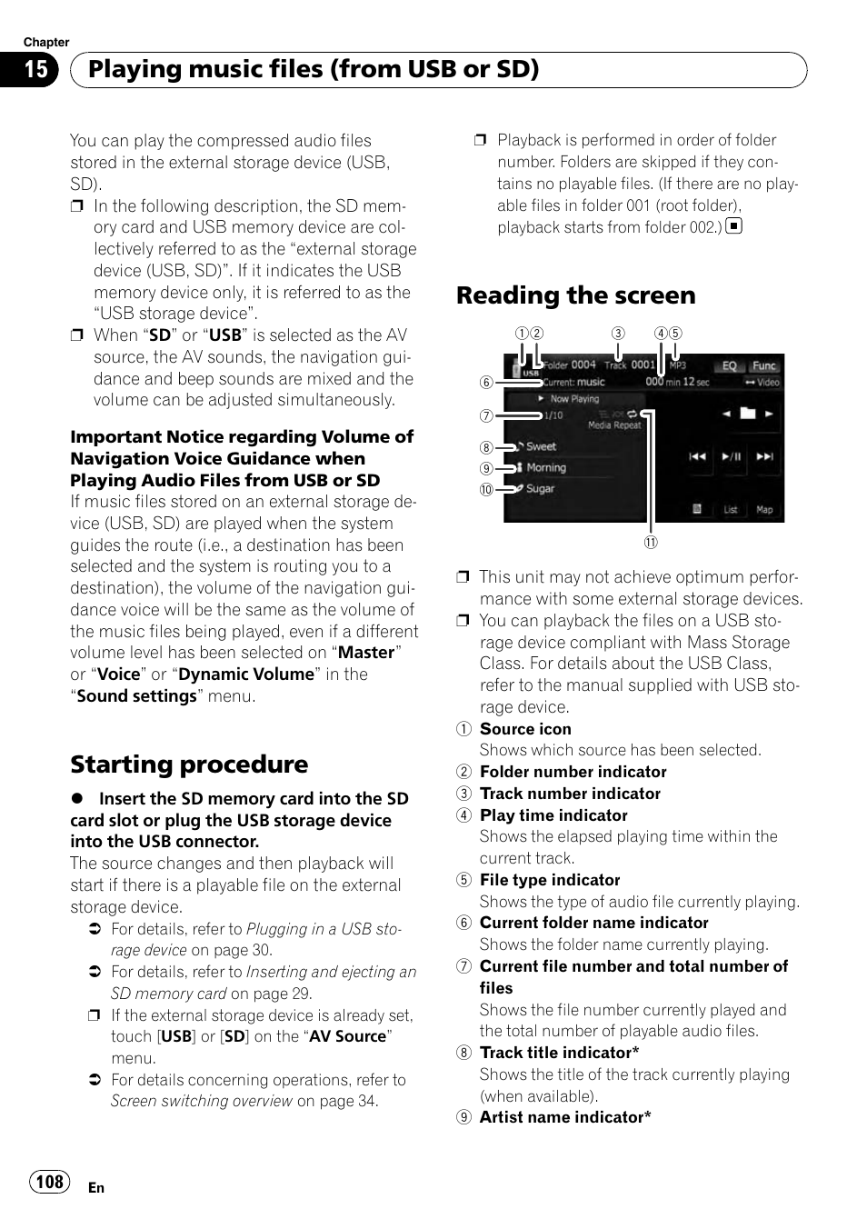Reading the screen, Starting procedure, Playing music files (from usb or sd) | Pioneer AVIC-X9115BT User Manual | Page 108 / 215