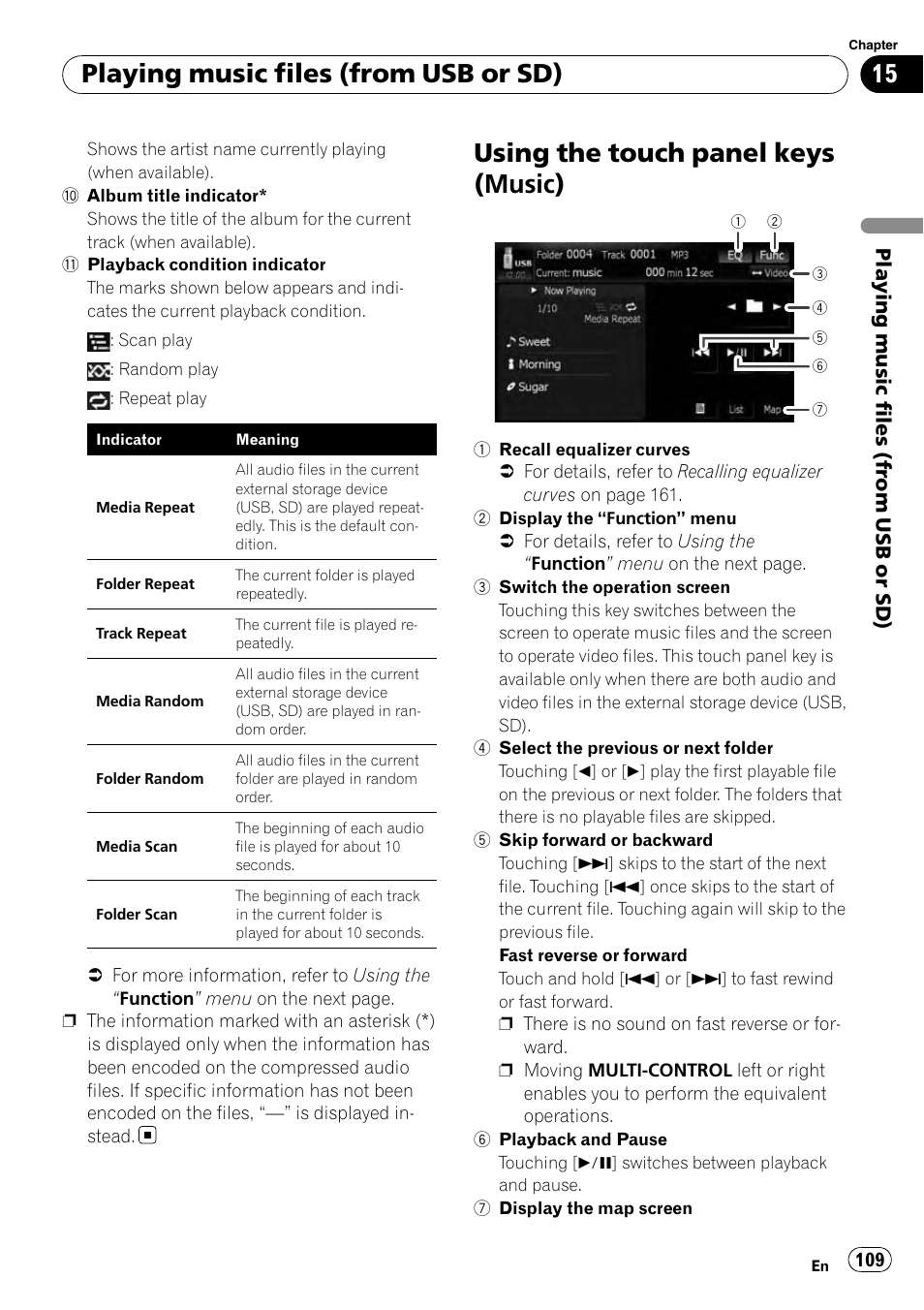 Using the touch panel keys (music), Playing music files (from usb or sd) | Pioneer AVIC-X9115BT User Manual | Page 109 / 215