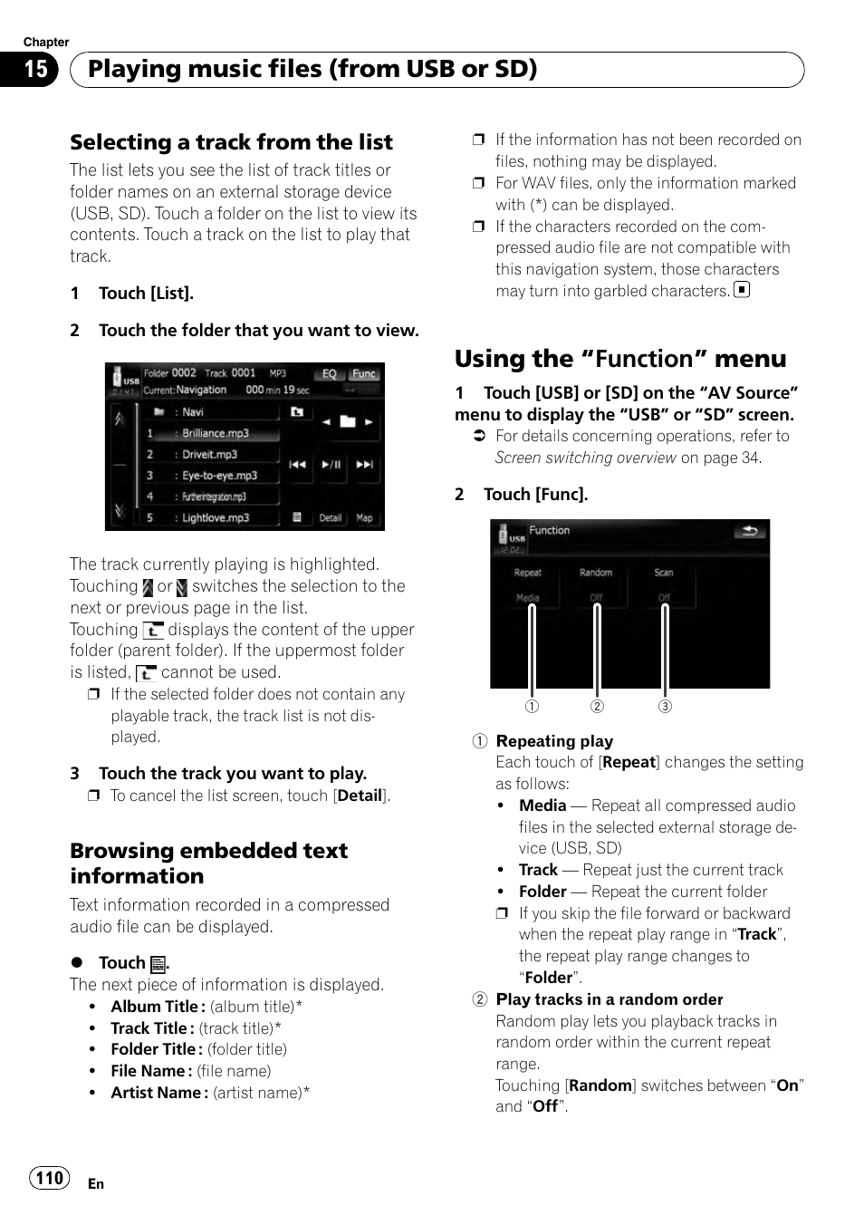 Selecting a track from the list 110, Browsing embedded text, Information | Using the, Function” menu 110, Using the “function” menu, Playing music files (from usb or sd), Selecting a track from the list, Browsing embedded text information | Pioneer AVIC-X9115BT User Manual | Page 110 / 215