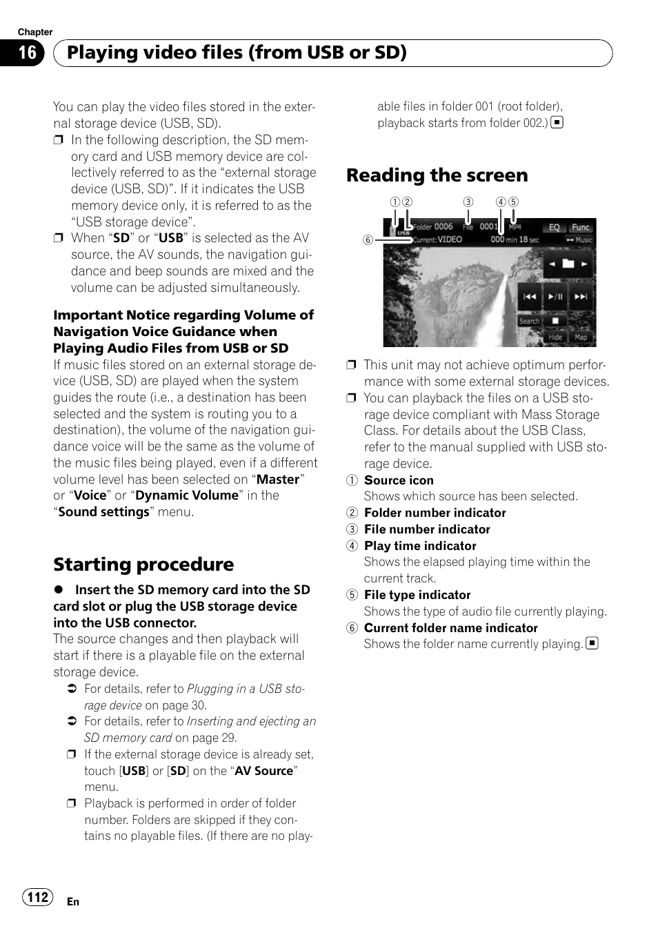 Reading the screen, Starting procedure, Playing video files (from usb or sd) | Pioneer AVIC-X9115BT User Manual | Page 112 / 215