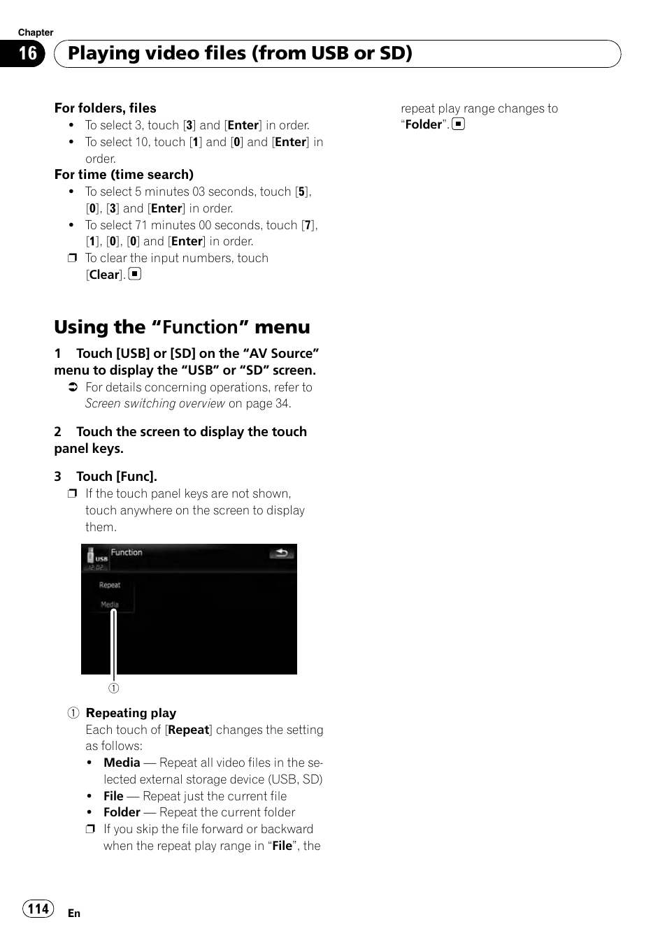 Using the, Function” menu 114, Using the “function” menu | Playing video files (from usb or sd) | Pioneer AVIC-X9115BT User Manual | Page 114 / 215