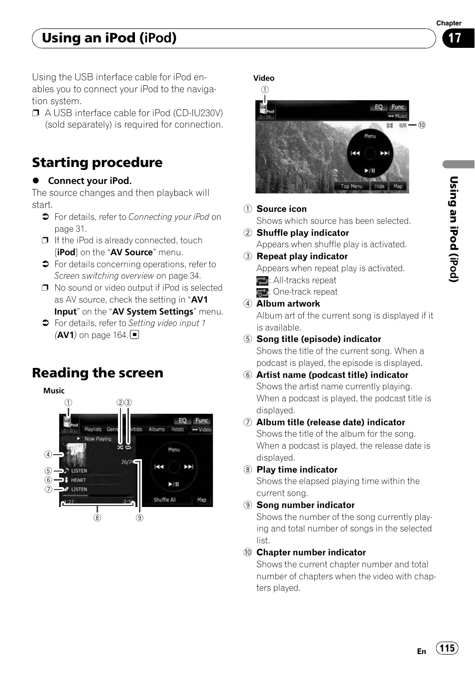 Using an ipod (ipod) starting procedure, Reading the screen, Starting procedure | Using an ipod (ipod) | Pioneer AVIC-X9115BT User Manual | Page 115 / 215