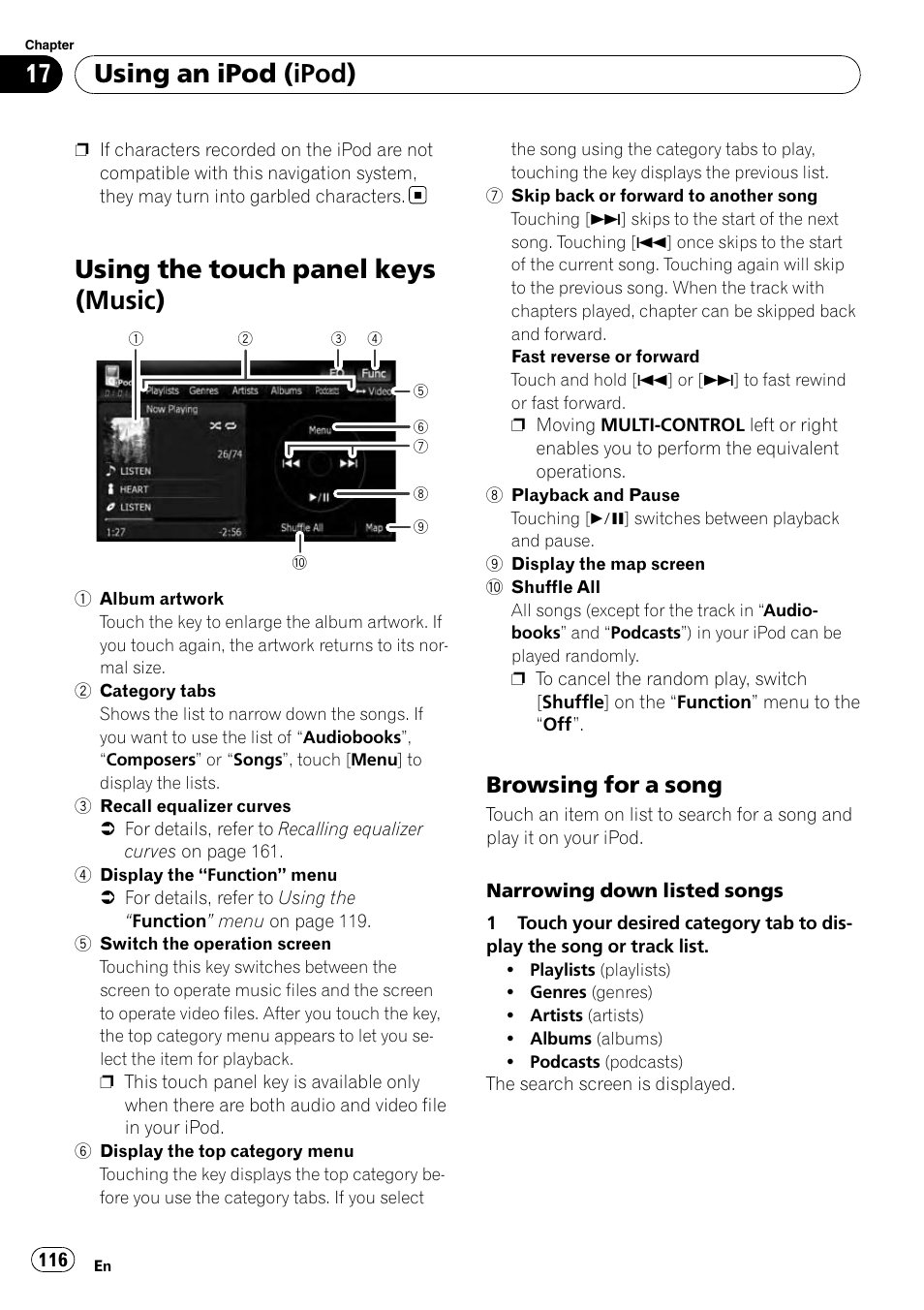 Using the touch panel keys (music), Browsing for a song 116, Using an ipod (ipod) | Browsing for a song | Pioneer AVIC-X9115BT User Manual | Page 116 / 215