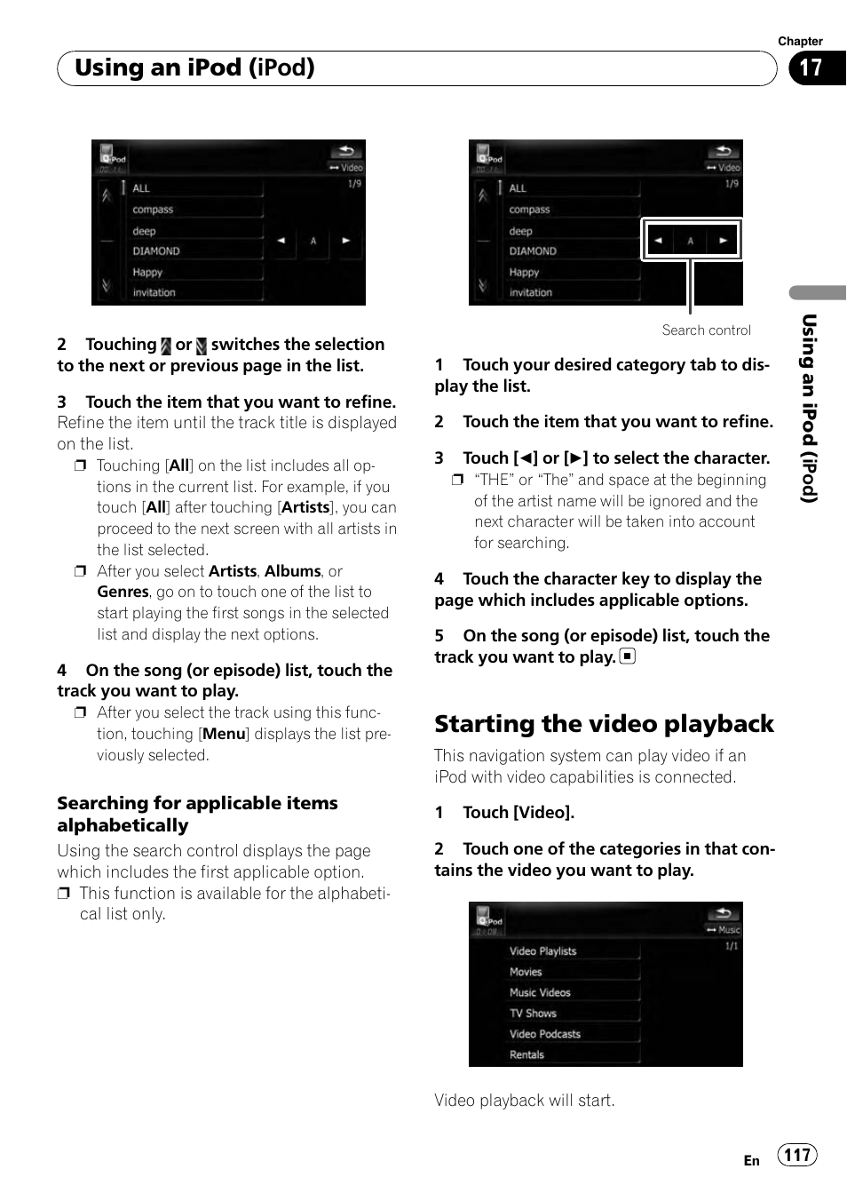 Starting the video playback, Using an ipod (ipod) | Pioneer AVIC-X9115BT User Manual | Page 117 / 215