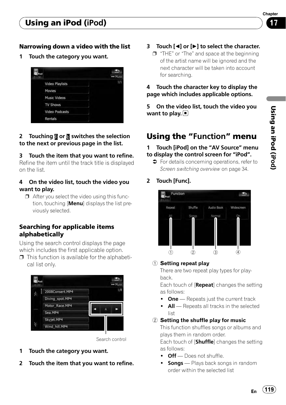 Using the, Function” menu 119, Using the “function” menu | Using an ipod (ipod) | Pioneer AVIC-X9115BT User Manual | Page 119 / 215