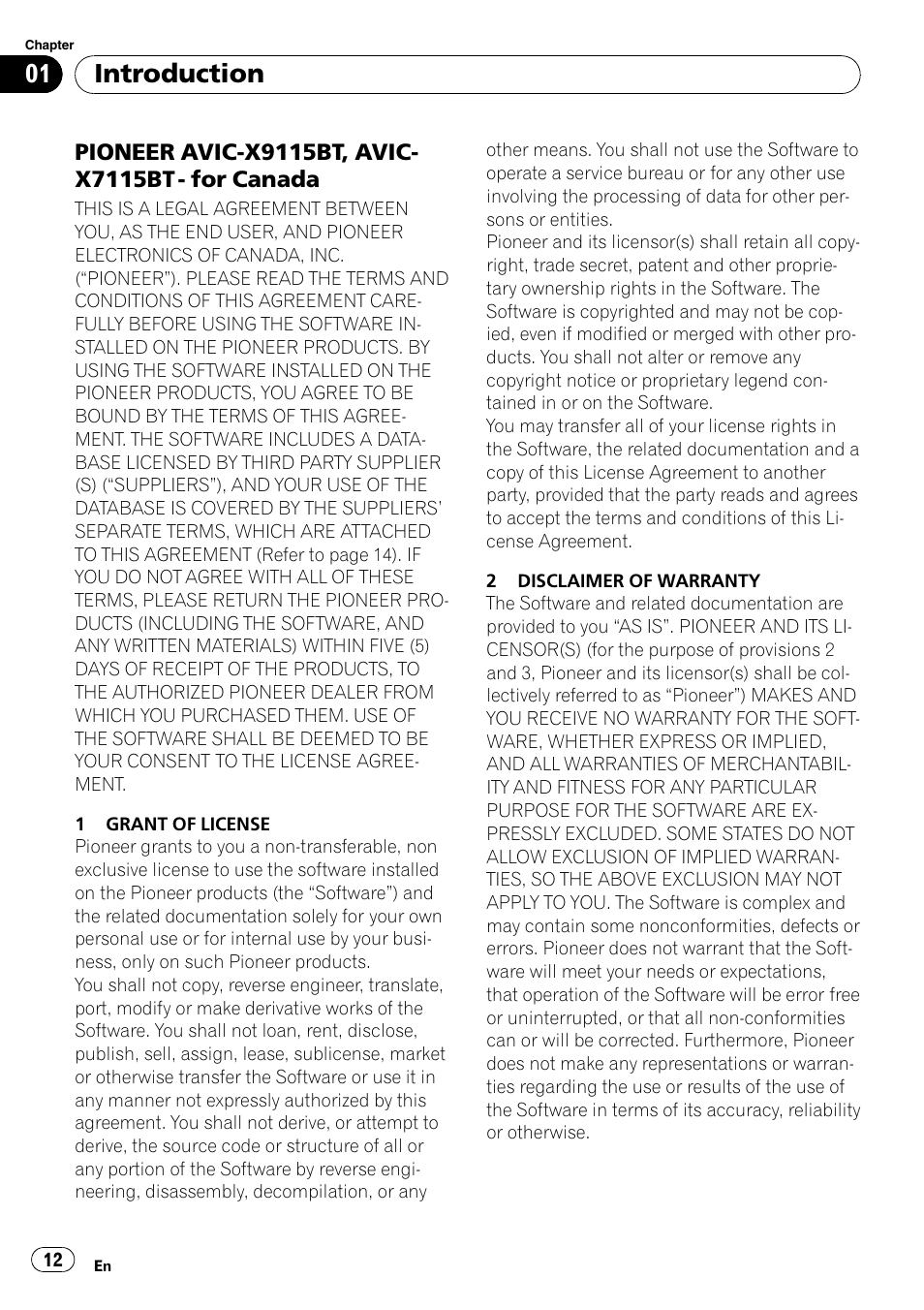 Pioneer avic-x9115bt, avic-x7115bt, For canada, Introduction | Pioneer AVIC-X9115BT User Manual | Page 12 / 215