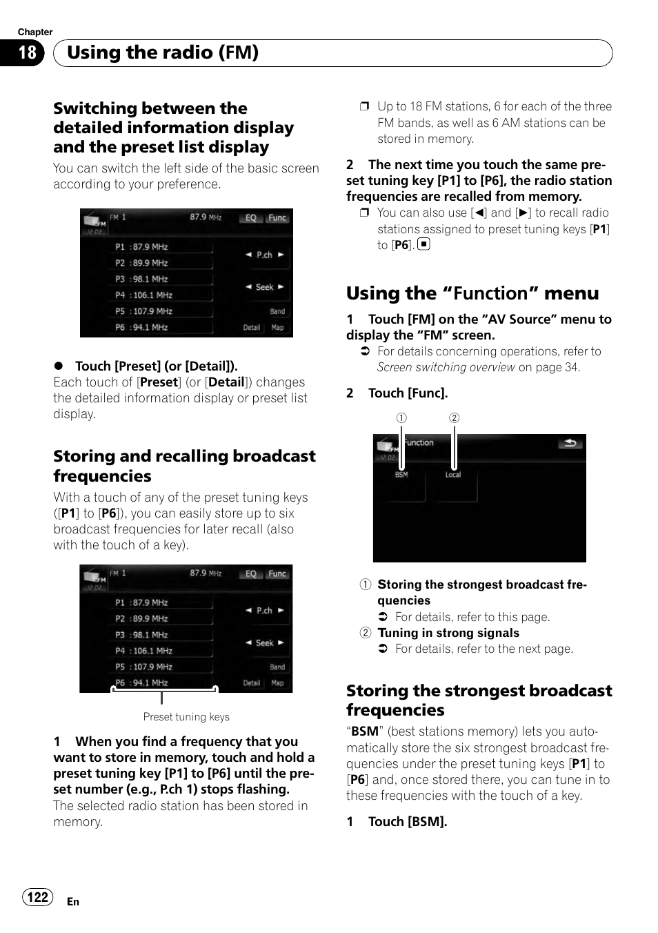 Switching between the detailed, Information display and the preset list display, Storing and recalling broadcast | Frequencies, Using the, Function” menu 122, Storing the strongest broadcast, Using the “function” menu, Using the radio (fm), Storing and recalling broadcast frequencies | Pioneer AVIC-X9115BT User Manual | Page 122 / 215