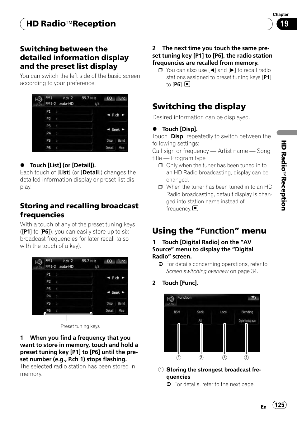 Switching between the detailed, Information display and the preset list display, Storing and recalling broadcast | Frequencies, Switching the display, Using the, Function” menu 125, Using the “function” menu, Hd radio äreception, Storing and recalling broadcast frequencies | Pioneer AVIC-X9115BT User Manual | Page 125 / 215