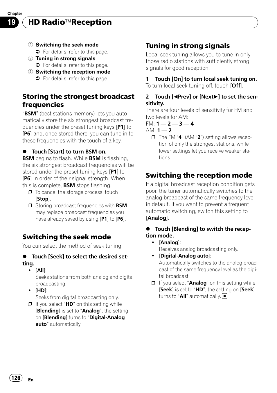 Storing the strongest broadcast, Frequencies, Switching the seek mode 126 | Tuning in strong signals 126, Switching the reception mode 126, Switching the re, Switching the seek, Hd radio äreception, Storing the strongest broadcast frequencies, Switching the seek mode | Pioneer AVIC-X9115BT User Manual | Page 126 / 215