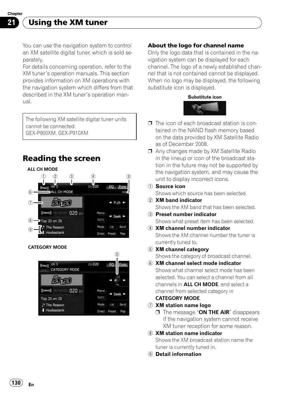 Using the xm tuner reading the screen, Reading the screen, Using the xm tuner | Pioneer AVIC-X9115BT User Manual | Page 130 / 215