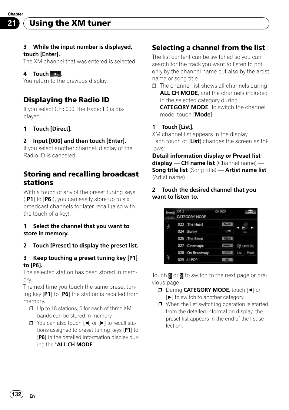 Displaying the radio id 132, Storing and recalling broadcast, Stations | Selecting a channel from the list 132, Selecting a channel, Using the xm tuner, Displaying the radio id, Storing and recalling broadcast stations, Selecting a channel from the list | Pioneer AVIC-X9115BT User Manual | Page 132 / 215