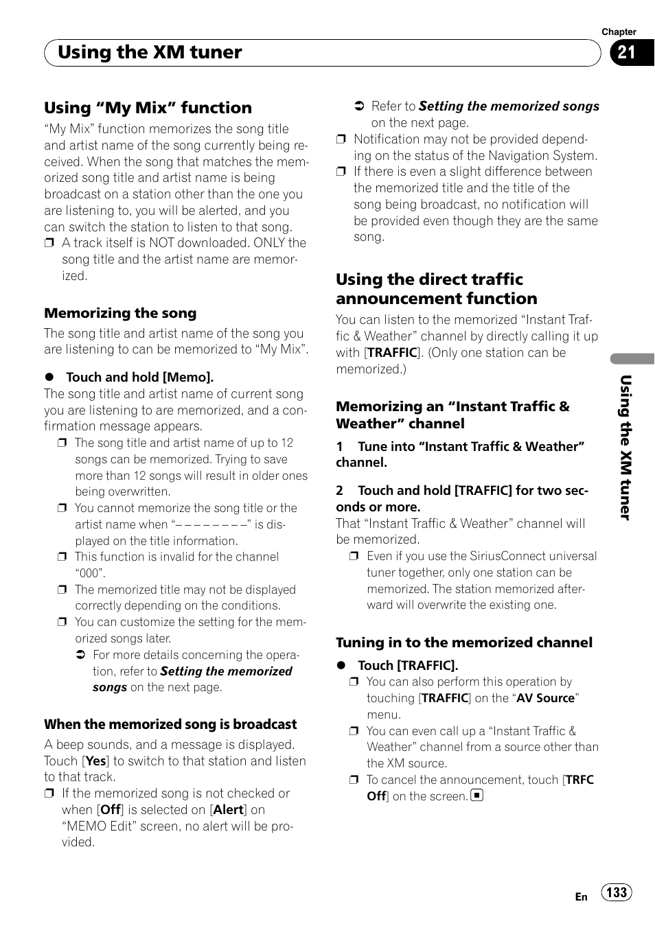 Using “my mix” function 133, Using the direct traffic announcement, Function | Memorizing the song, Using the direct traffic, Using the xm tuner, Using “my mix” function, Using the direct traffic announcement function | Pioneer AVIC-X9115BT User Manual | Page 133 / 215
