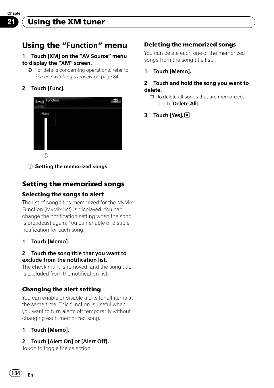 Using the, Function” menu 134, Setting the memorized songs 134 | Using the “function, Using the “function” menu, Using the xm tuner | Pioneer AVIC-X9115BT User Manual | Page 134 / 215