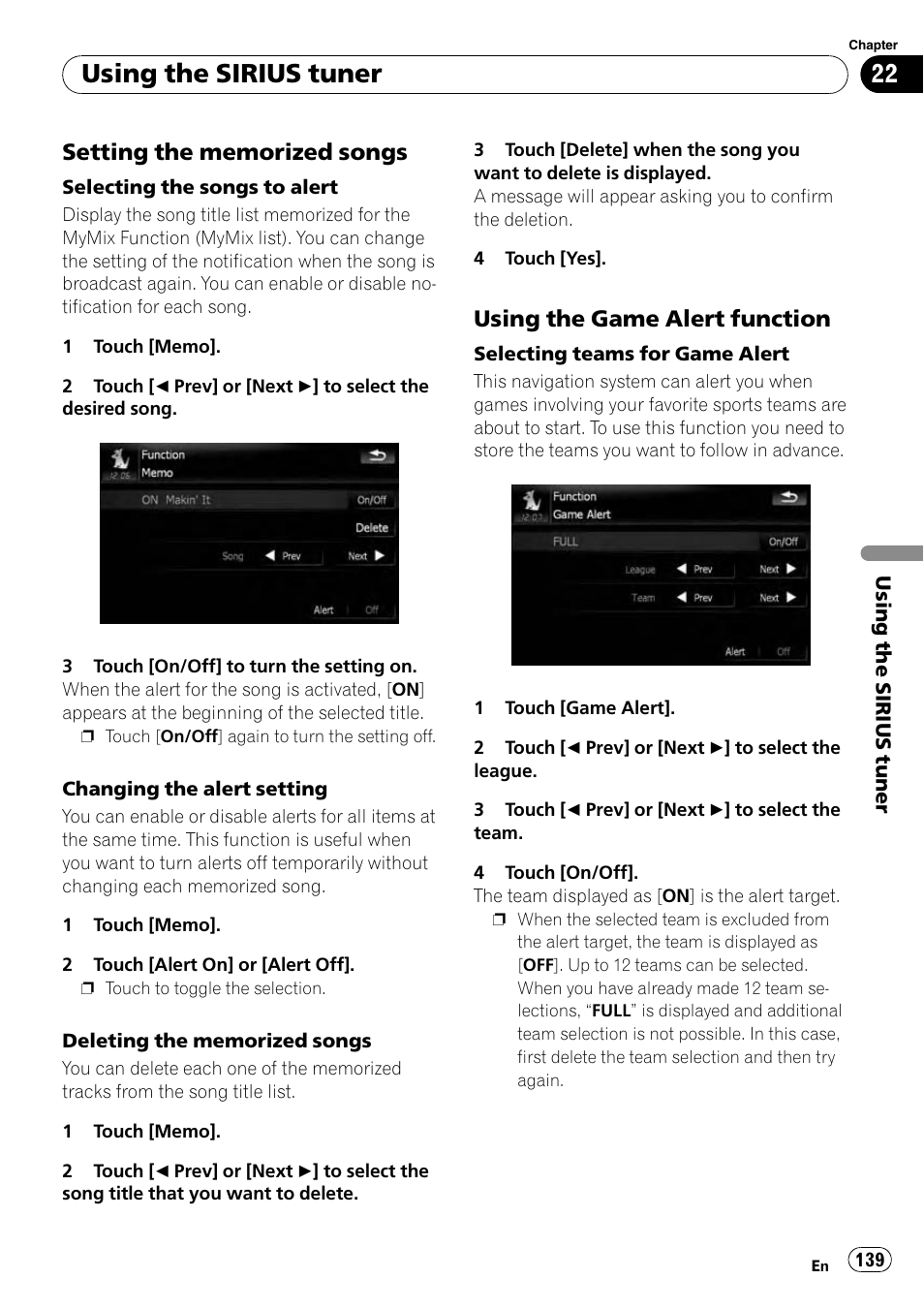 Setting the memorized songs 139, Using the game alert function 139, Setting the memor | Selecting the songs, Using the sirius tuner, Using the game alert function | Pioneer AVIC-X9115BT User Manual | Page 139 / 215