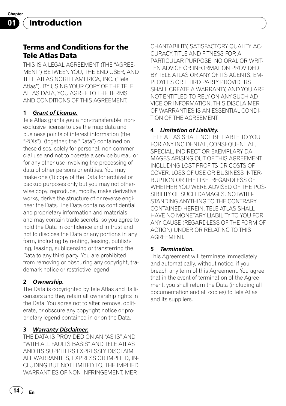 Terms and conditions for the tele atlas, Data, Introduction | Terms and conditions for the tele atlas data | Pioneer AVIC-X9115BT User Manual | Page 14 / 215