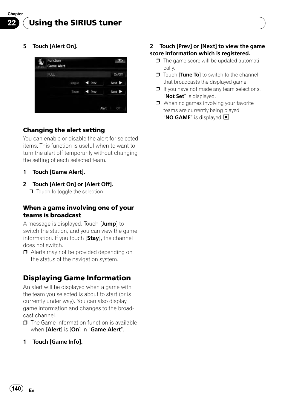 Displaying game information 140, Using the sirius tuner, Displaying game information | Pioneer AVIC-X9115BT User Manual | Page 140 / 215