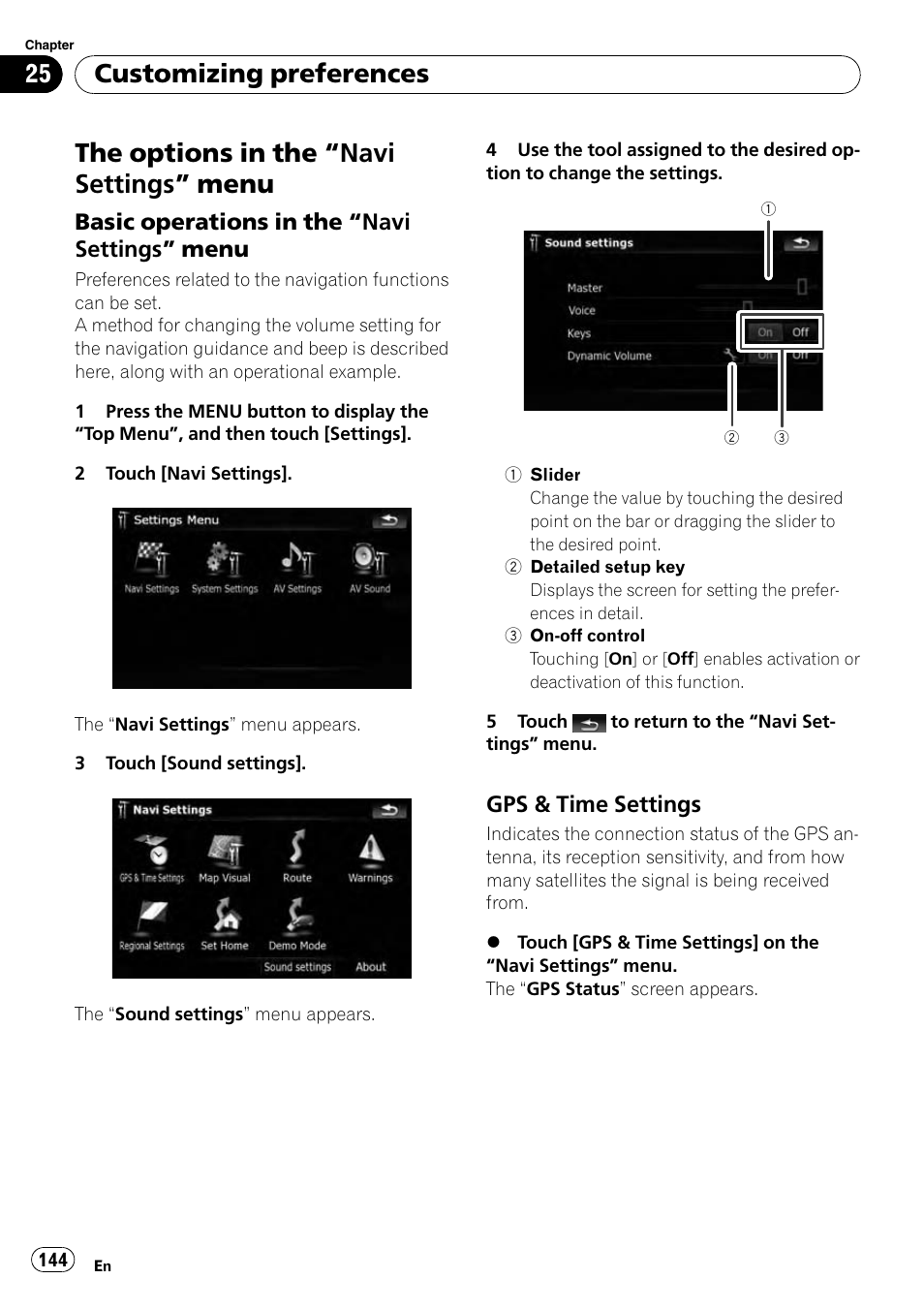 Customizing preferences the options in the, Navi settings, Menu | Basic operations in the “navi settings, Gps & time settings 144, The options in the “navi settings ” menu, Customizing preferences | Pioneer AVIC-X9115BT User Manual | Page 144 / 215
