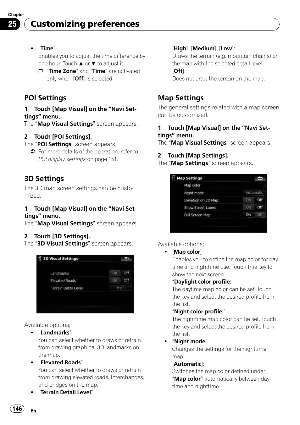 Poi settings 146, 3d settings 146, Map settings 146 | Map settings on, Customizing preferences, Poi settings, 3d settings, Map settings | Pioneer AVIC-X9115BT User Manual | Page 146 / 215