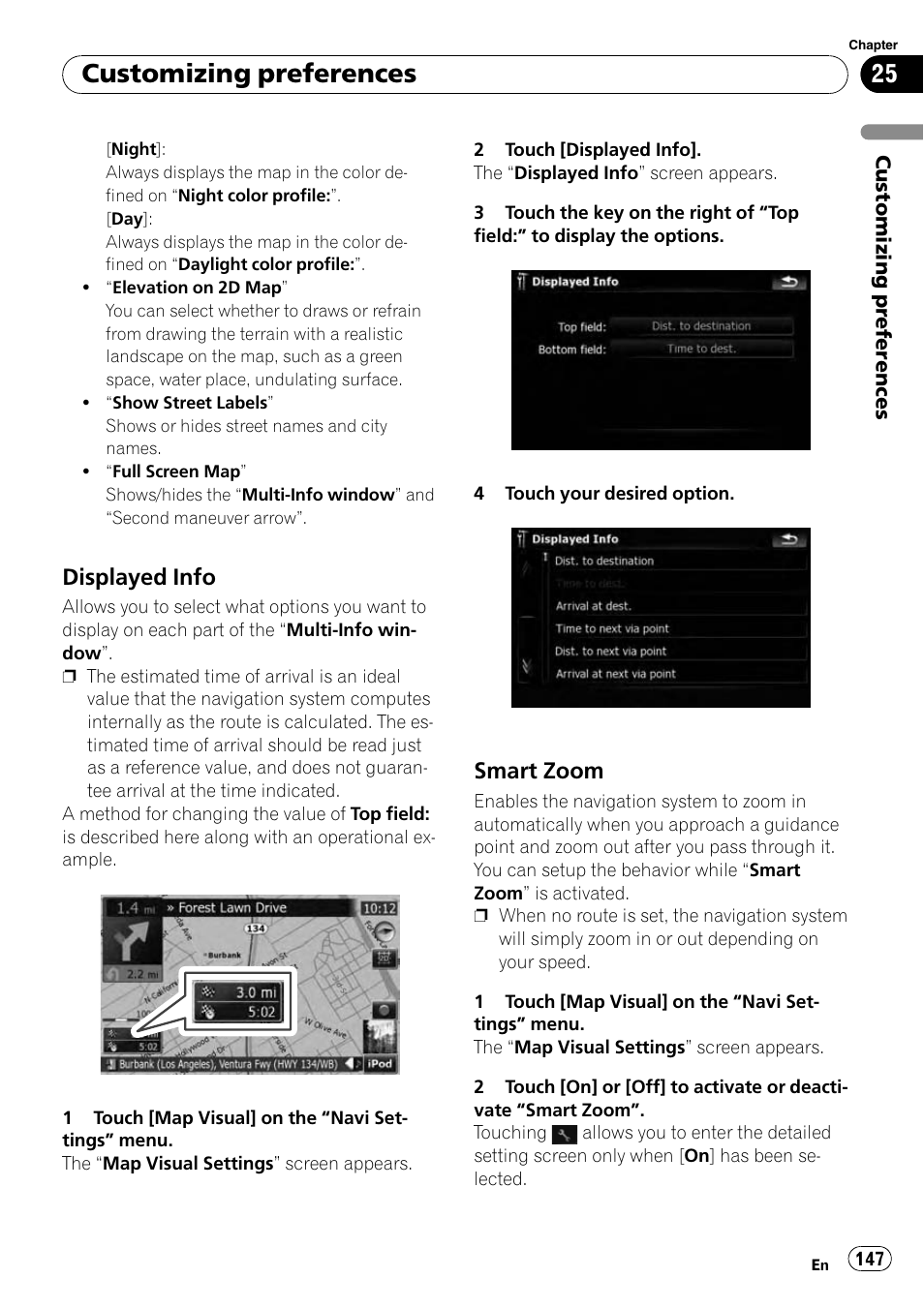 Displayed info 147, Smart zoom 147, Displayed info on | Customizing preferences, Displayed info, Smart zoom | Pioneer AVIC-X9115BT User Manual | Page 147 / 215