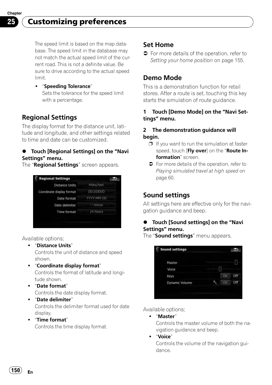 Regional settings 150, Set home 150, Demo mode 150 | Sound settings 150, Demo mode on, Customizing preferences, Regional settings, Set home, Demo mode, Sound settings | Pioneer AVIC-X9115BT User Manual | Page 150 / 215