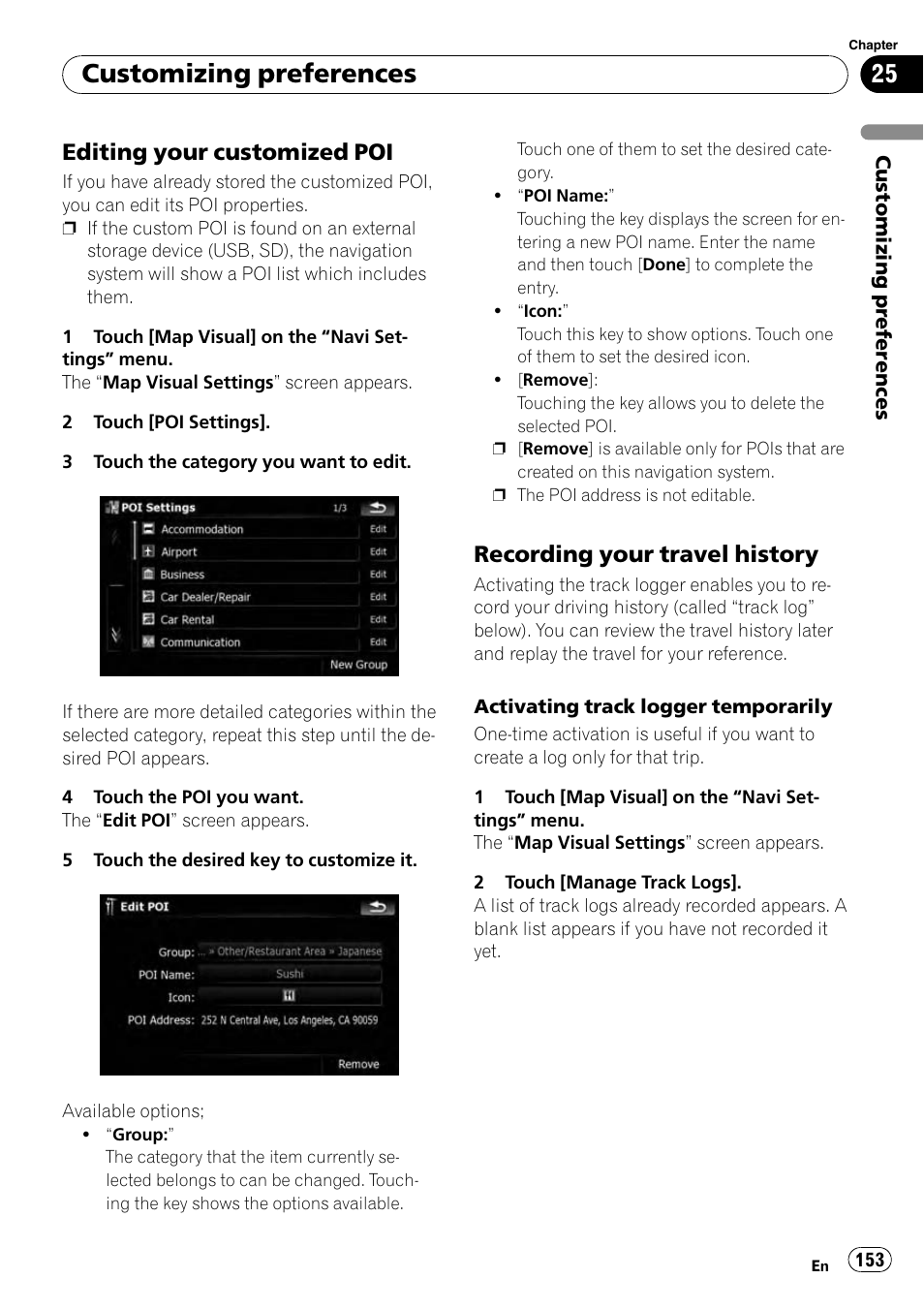 Editing your customized poi 153, Recording your travel history 153, Customizing preferences | Editing your customized poi, Recording your travel history | Pioneer AVIC-X9115BT User Manual | Page 153 / 215