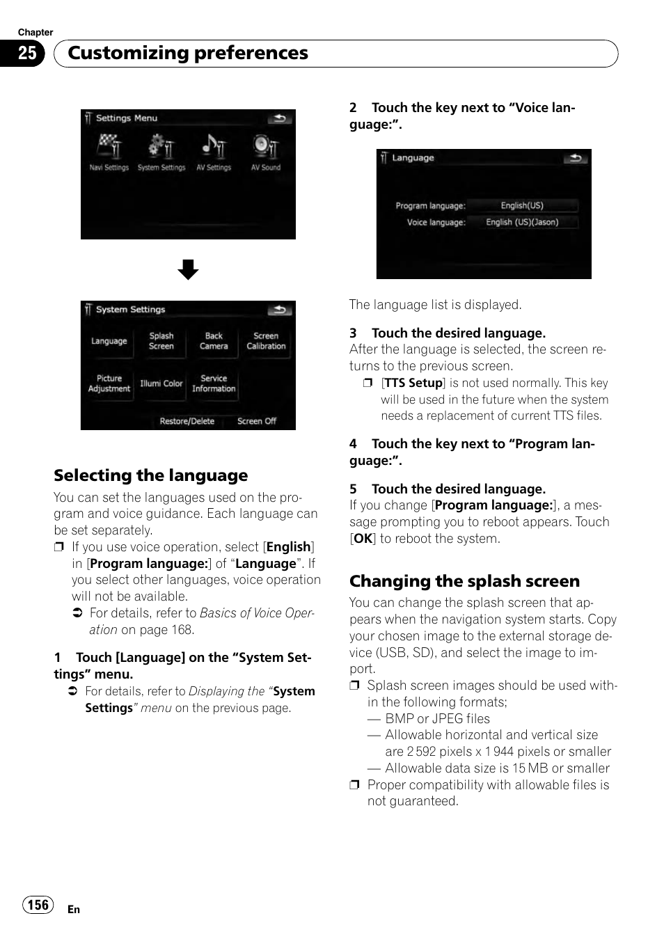 Selecting the language 156, Changing the splash screen 156, Selecting the lan | Customizing preferences, Selecting the language, Changing the splash screen | Pioneer AVIC-X9115BT User Manual | Page 156 / 215