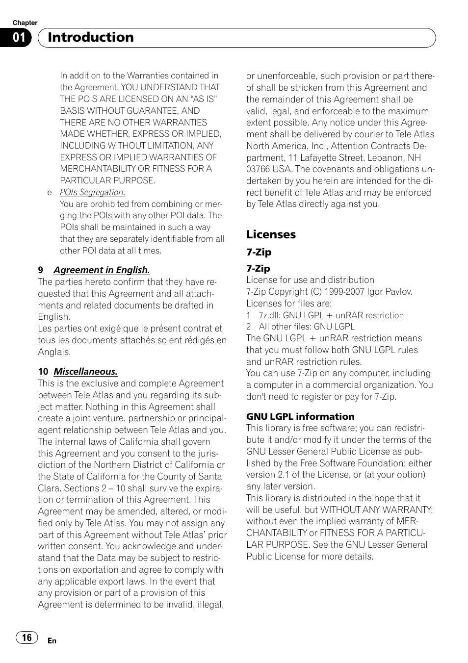 Licenses 16, Introduction, Licenses | Pioneer AVIC-X9115BT User Manual | Page 16 / 215