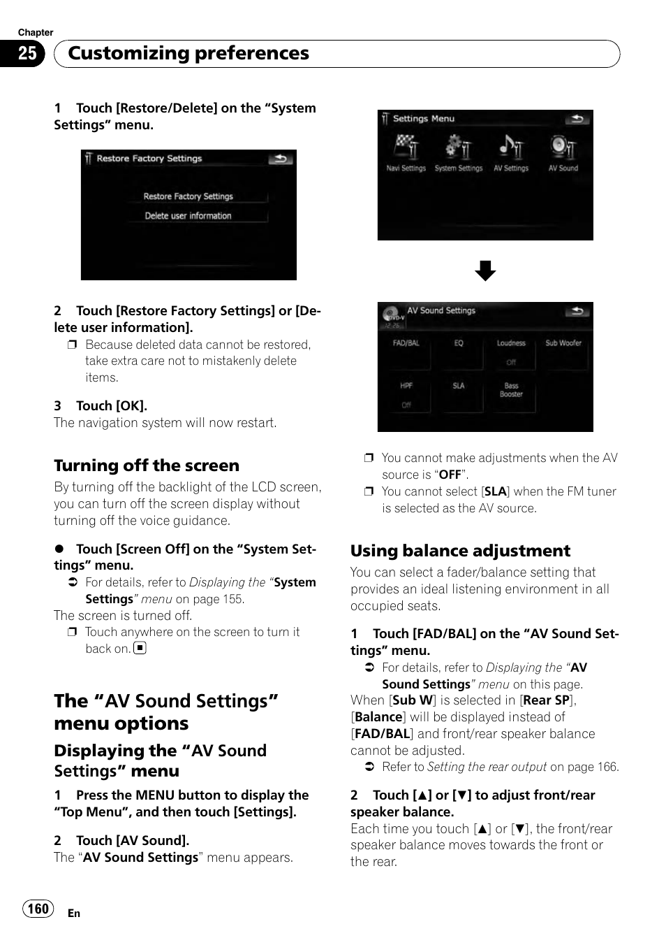 Turning off the screen 160, Av sound settings” menu options 160, Displaying the “av sound settings | Menu, Using balance adjustment 160, The “av sound settings” menu options, Customizing preferences | Pioneer AVIC-X9115BT User Manual | Page 160 / 215