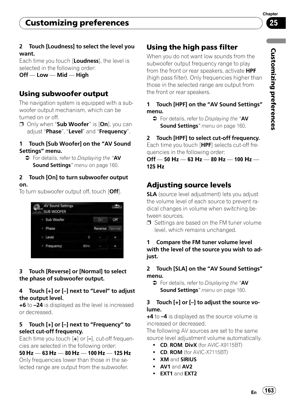 Using subwoofer output 163, Using the high pass filter 163, Adjusting source levels 163 | Customizing preferences, Using subwoofer output, Using the high pass filter, Adjusting source levels | Pioneer AVIC-X9115BT User Manual | Page 163 / 215