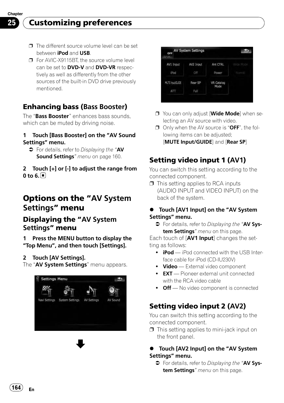 Enhancing bass (bass booster) 164, Options on the, Av system settings | Menu, Displaying the “av system settings, Setting video input 1 (av1) 164, Setting video input 2 (av2) 164, Setting video input 1, Setting video input 2, Options on the “av system settings ” menu | Pioneer AVIC-X9115BT User Manual | Page 164 / 215