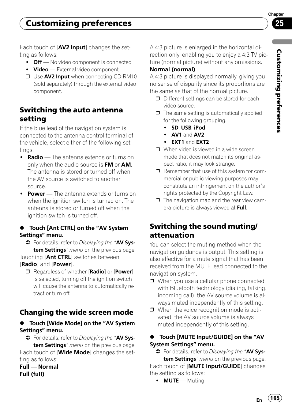 Switching the auto antenna, Setting, Changing the wide screen mode 165 | Switching the sound muting, Attenuation, Customizing preferences, Switching the auto antenna setting, Changing the wide screen mode, Switching the sound muting/ attenuation | Pioneer AVIC-X9115BT User Manual | Page 165 / 215