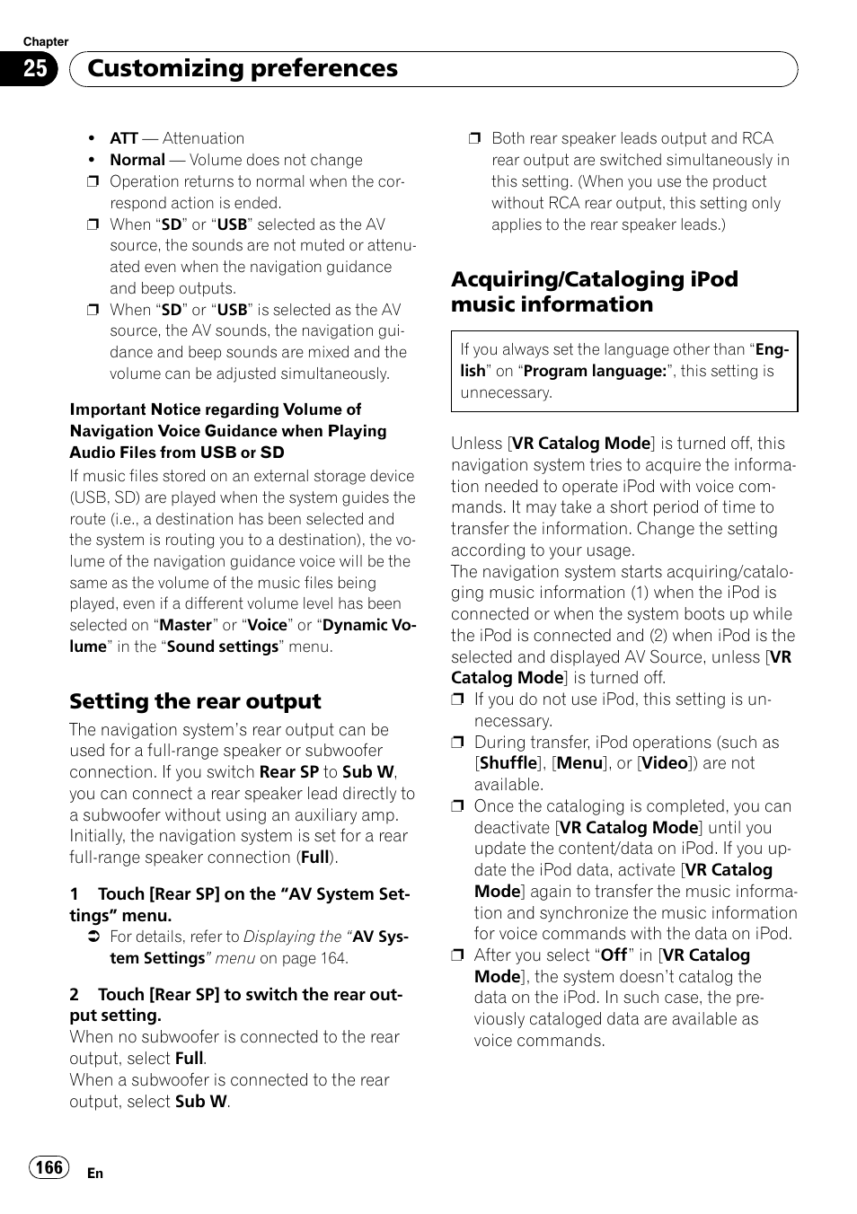 Setting the rear output 166, Acquiring/cataloging ipod music, Information | Customizing preferences, Setting the rear output, Acquiring/cataloging ipod music information | Pioneer AVIC-X9115BT User Manual | Page 166 / 215